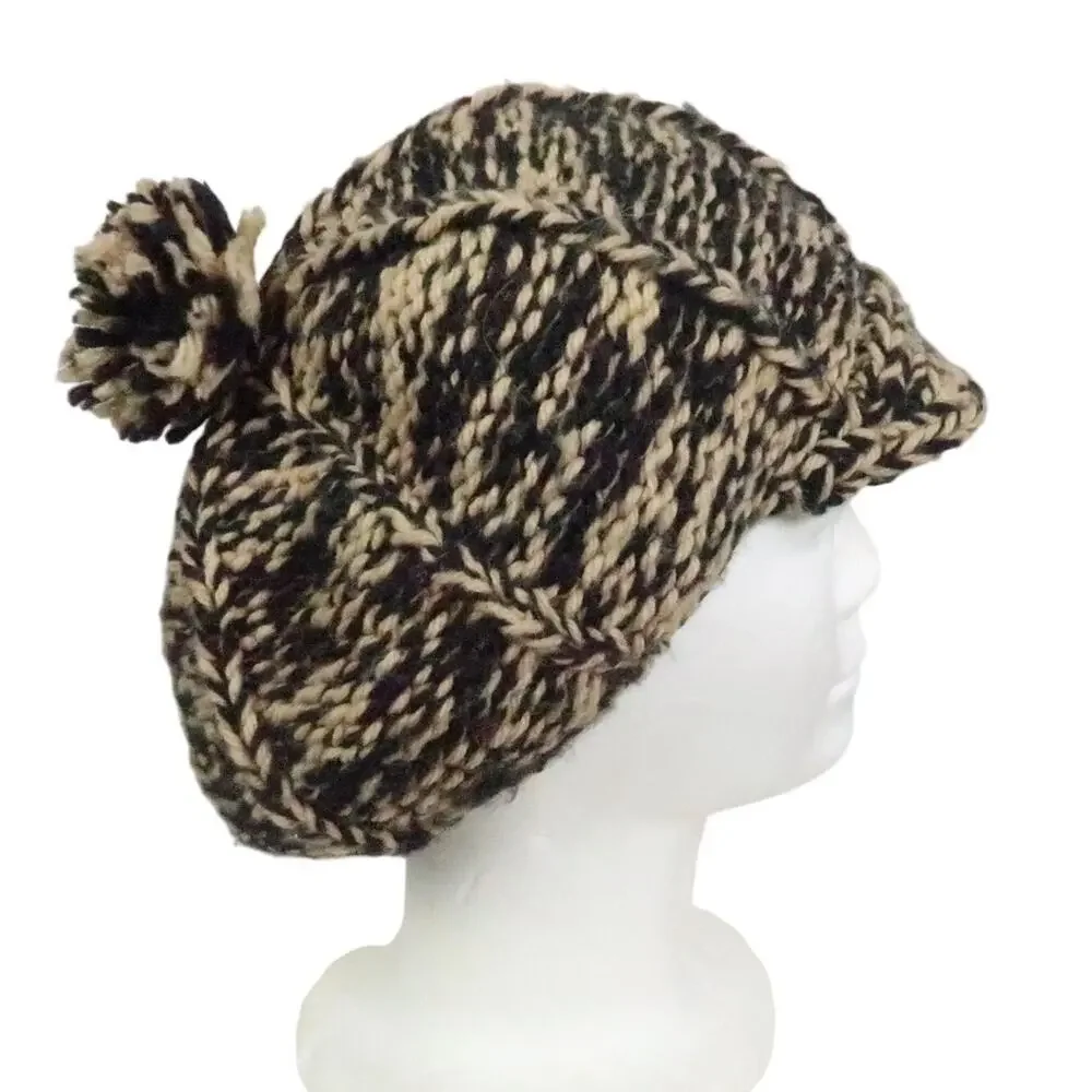 Vintage Tan and Black Marled Knit Beanie Hat w/ Brim and Bobble - Picture 1 of 4